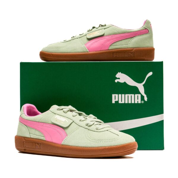 کتونی اورجینال برند Puma مدل Palermo رنگ سبز و صورتی نمای بغل جعبه دار
