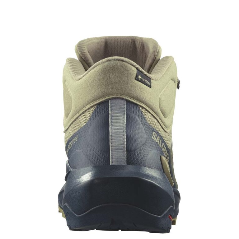 کفش دویدن طبیعت اورجینال برند Salomon مدل Elixir Activ Mid Gore-Tex رنگ زیتونی و سرمه ای از نمای پشت کفش