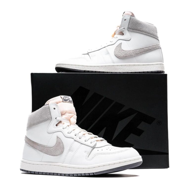 کتونی اورجینال برند Nike مدل Jordan Air Ship SP رنگ سفید و طوسی نمای بغل با جعبه
