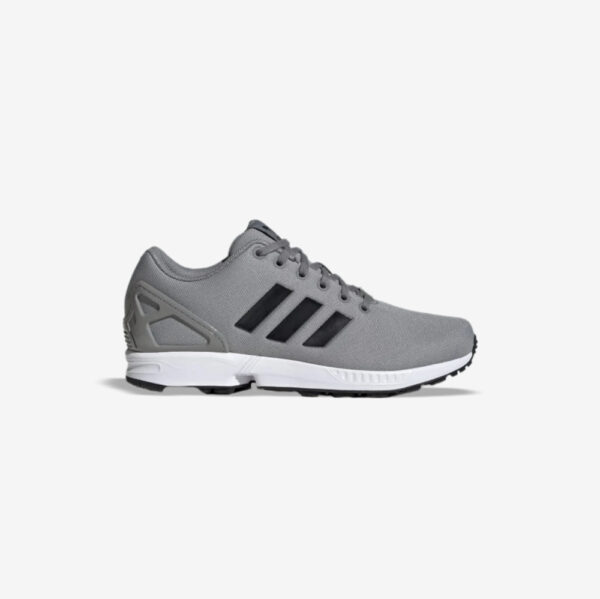 کتونی اورجینال برند Adidas مدل Flux رنگ خاکستری و مشکی نمای بغل