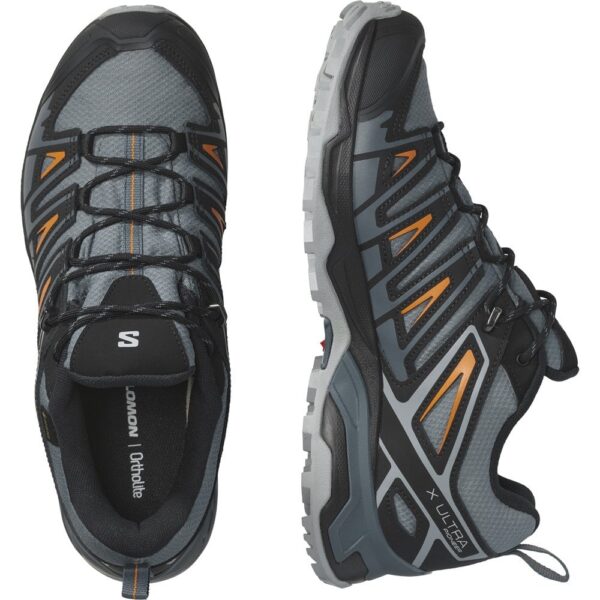 کفش دویدن طبیعت اورجینال برند Salomon مدل X Ultra Pioneer Gore-Tex M رنگ خاکستری و مشکی با جزئیات نارنجی از نمای تمام قد