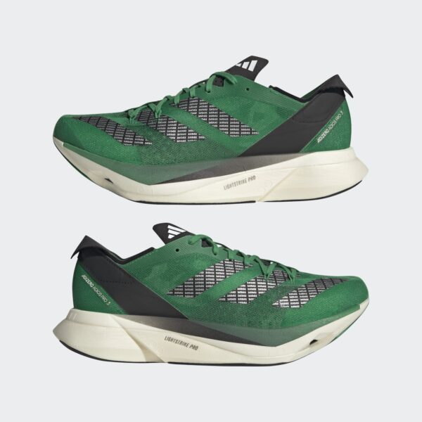کفش دویدن مسابقه ای برند Adidas مدل Adizero Adios Pro 3 با رنگ سبز از نمای بغل هردو جفت